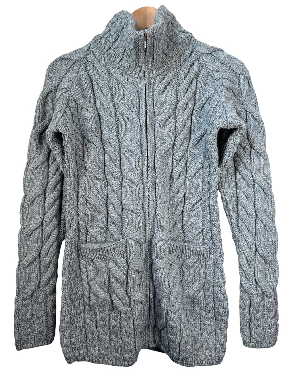 Kilronan Knitwear Merino Wool Cable Knit Zip Cardigan Size Small Blue Ireland